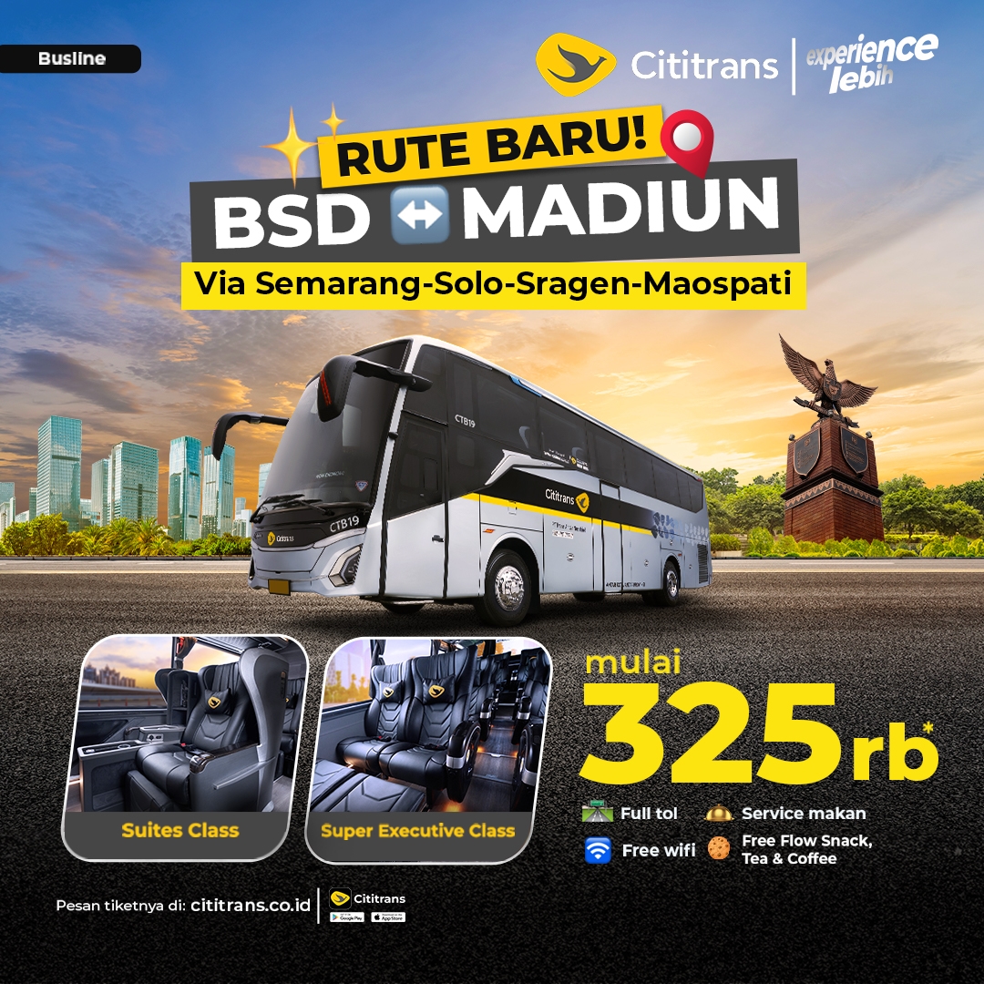 BSD-Jakarta-Madiun start from 325K via Semarang Salatiga Solo Sragen Maospati